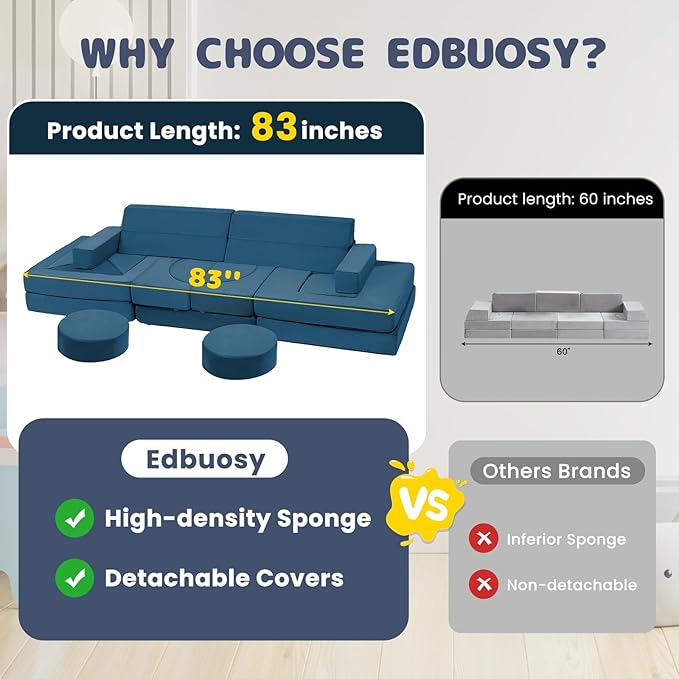 【K01】Blue 22Pcs Modular Kids Play Couch-Inspiring Child Creativity,Children Convertible Foam Sofa