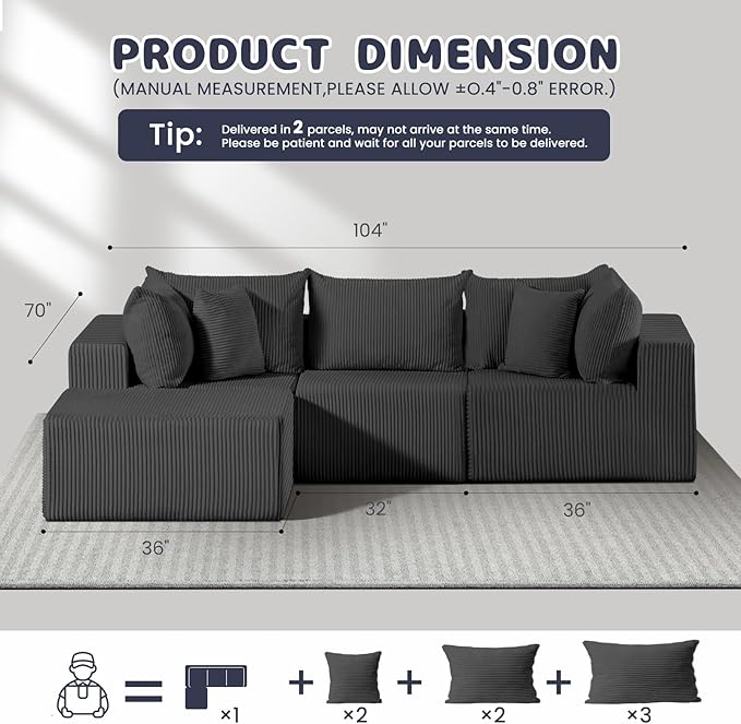 #A02 (Black)104" Cloud Sectional Couch with L-Shape Chaise,4 Seat Couches for Living Room Bedroom