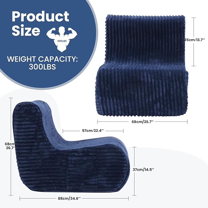 Navy Blue Soft Bean Bag Couch for Adults with Ottoman,, High-Resilient Foam  Lazy Sofa