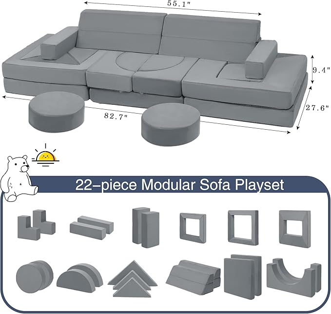 【K01】Grey 22Pcs Modular Kids Play Couch-Inspiring Child Creativity,Children Convertible Foam Sofa