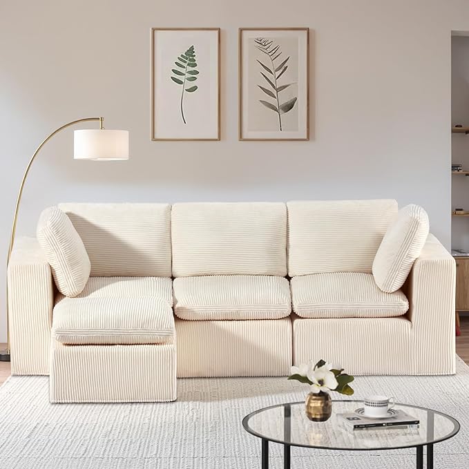 #A01 Beige L-Shaped Couch Modular Sectional Sofa, 3 Seat Comfy Cloud Couch Chaise, with Sponge Cushion
