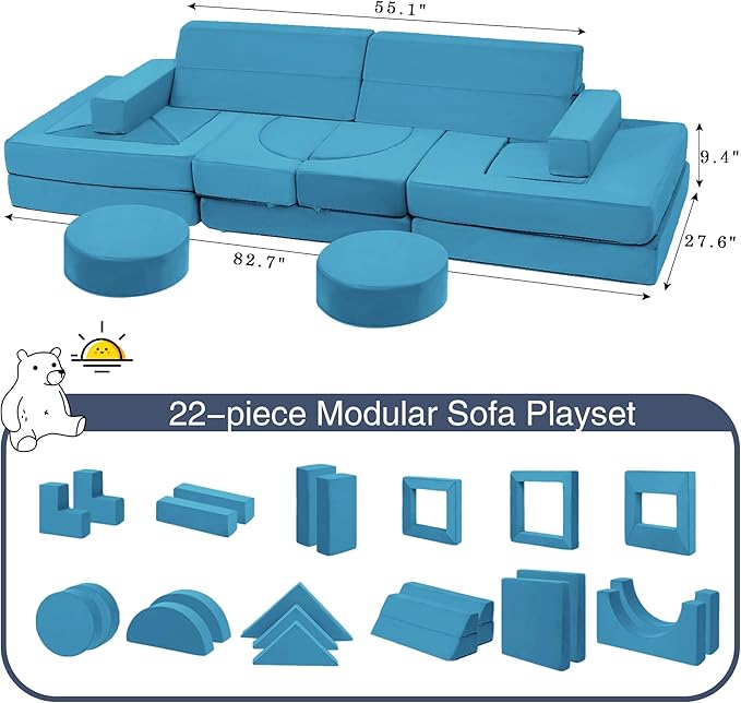 【K01】Baby Blue 22Pcs Modular Kids Play Couch-Inspiring Child Creativity,Children Convertible Foam Sofa
