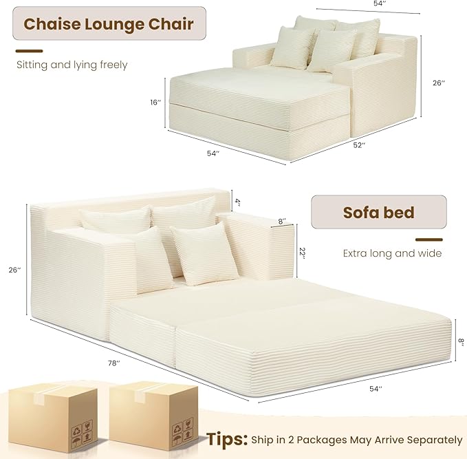 Beige 78” Oversized Corduroy Sofa Bed with Throw Pillows,Comfy Boneless Couch with Removable Ottoman