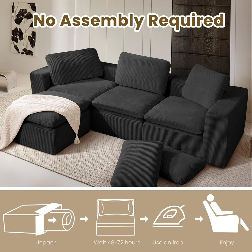 #A01 Black Cloud Modular Sectional Couches  L-Shaped Sofa with Ottoman,Corduroy Sleeper Sofa Bed,No Assembly Compression Memory Foam Couch