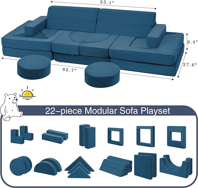 【K01】Blue 22Pcs Modular Kids Play Couch-Inspiring Child Creativity,Children Convertible Foam Sofa