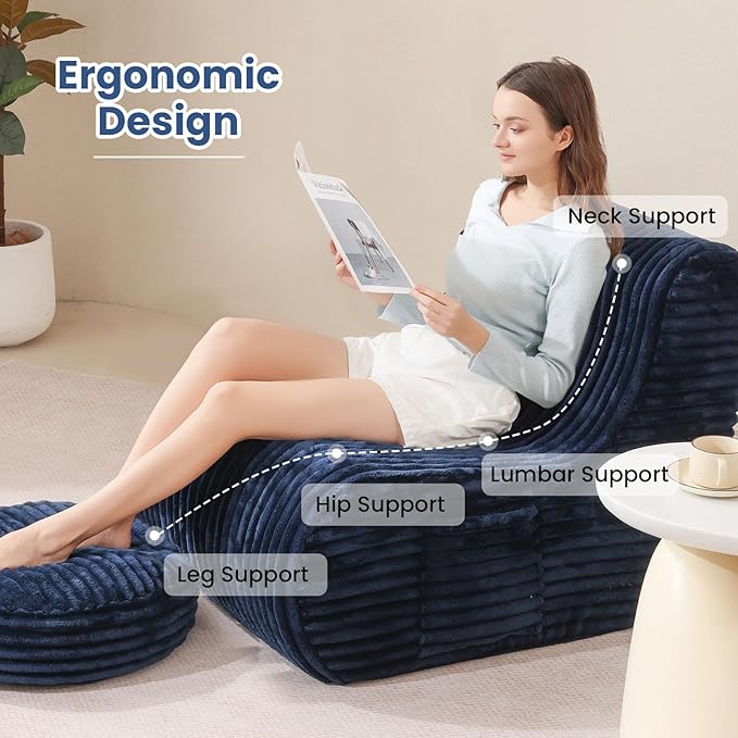 Navy Blue Soft Bean Bag Couch for Adults with Ottoman,, High-Resilient Foam  Lazy Sofa
