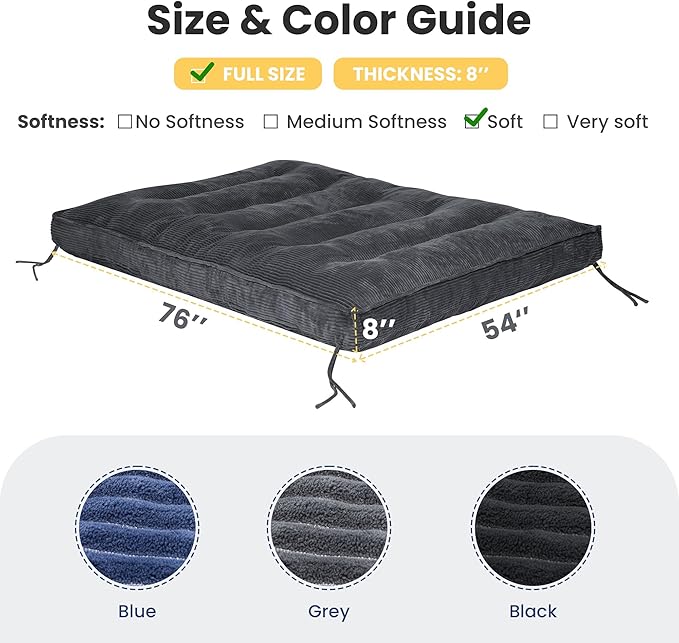 Grey Futon Mattress Full Size, Extra Thick Sofa Bed Adults Foldable Mattress 8"