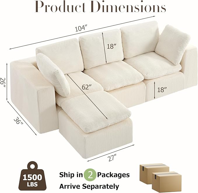 #A01 Beige L-Shaped Couch Modular Sectional Sofa, 3 Seat Comfy Cloud Couch Chaise, with Sponge Cushion