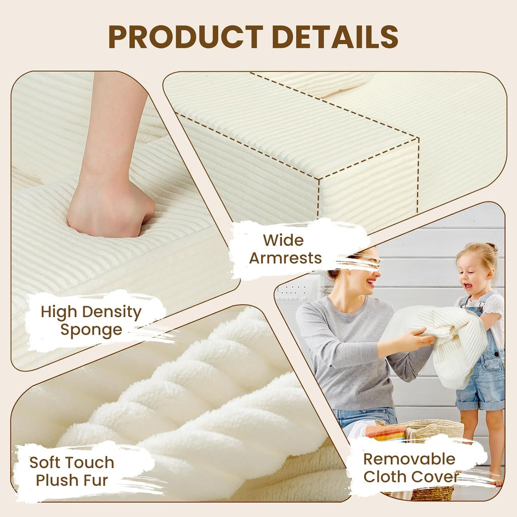 Beige 78” Oversized Corduroy Sofa Bed with Throw Pillows,Comfy Boneless Couch with Removable Ottoman