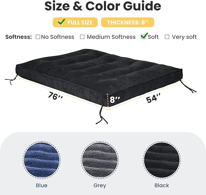 Black Futon Mattress Full Size, Extra Thick Sofa Bed Adults Foldable Mattress 8"