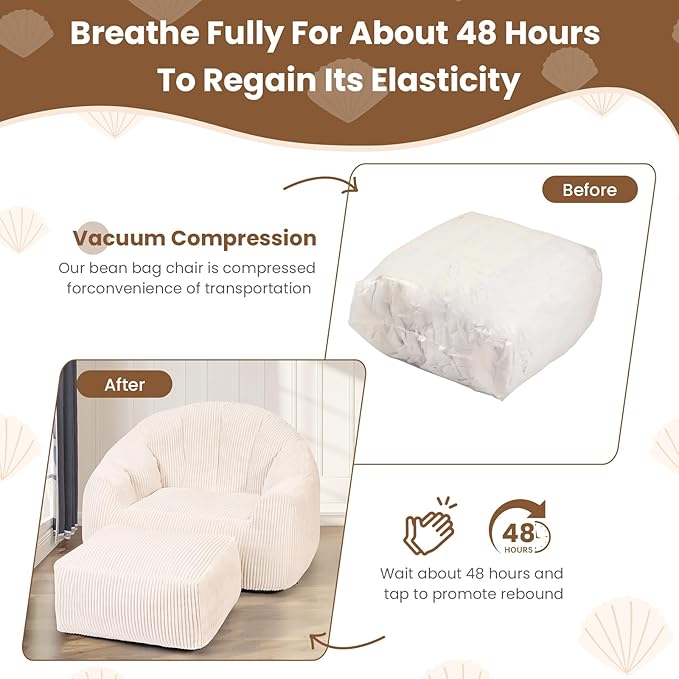 Beige Shell Lazy Sofa with Footstool,Comfortable Plush Adult Reading Chair