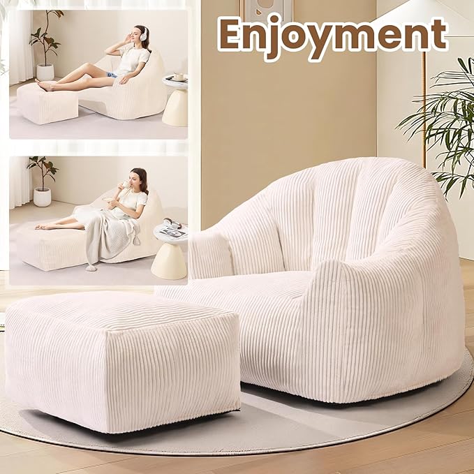 Beige Shell Lazy Sofa with Footstool,Comfortable Plush Adult Reading Chair
