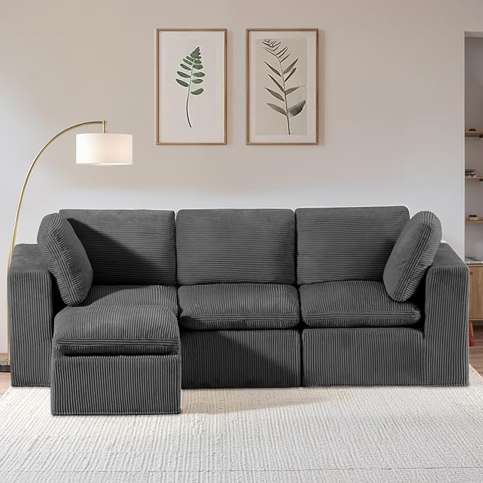 #A01 Grey L-Shaped Couch Modular Sectional Sofa,3 Seat Comfy Cloud Couch Chaise, with Sponge Cushion