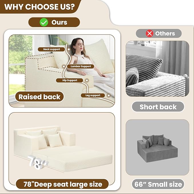 Beige 78” Oversized Corduroy Sofa Bed with Throw Pillows,Comfy Boneless Couch with Removable Ottoman