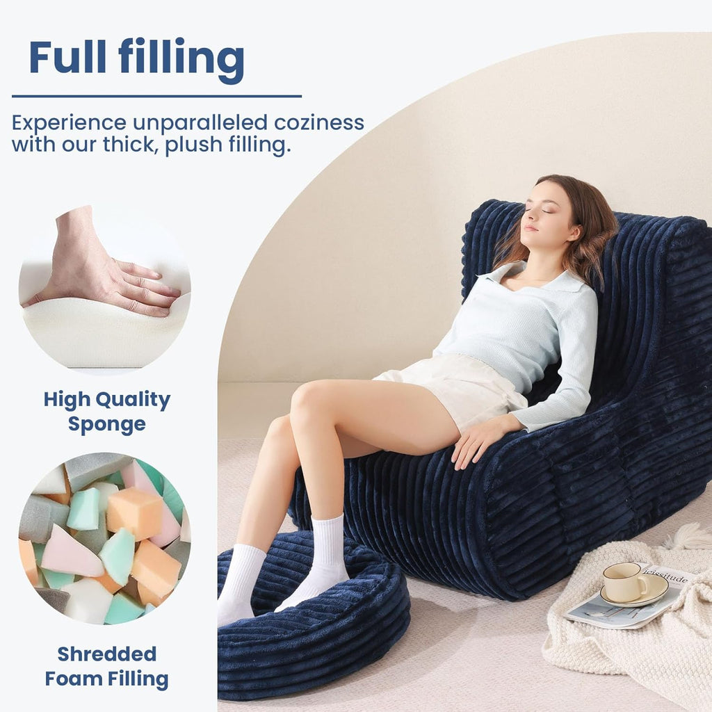 Navy Blue Soft Bean Bag Couch for Adults with Ottoman,, High-Resilient Foam  Lazy Sofa