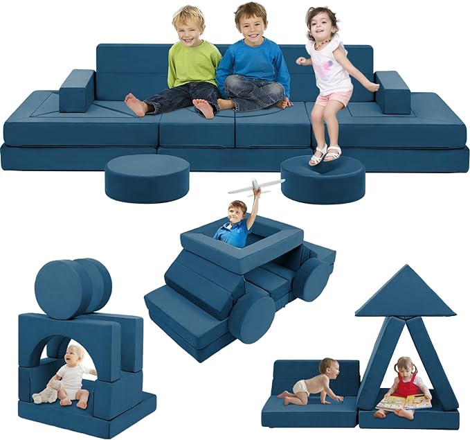【K01】Blue 22Pcs Modular Kids Play Couch-Inspiring Child Creativity,Children Convertible Foam Sofa