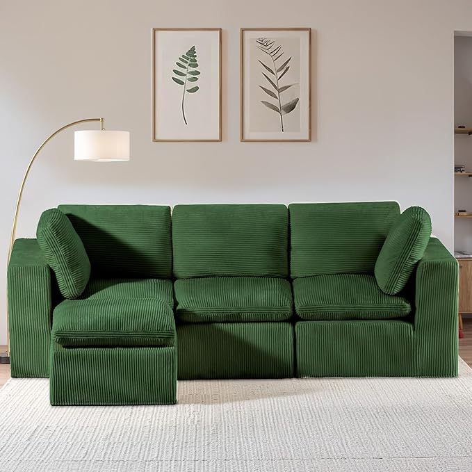 #A01 Green L-Shaped Couch Modular Sectional Sofa,3 Seat Comfy Cloud Couch Chaise, with Sponge Cushion