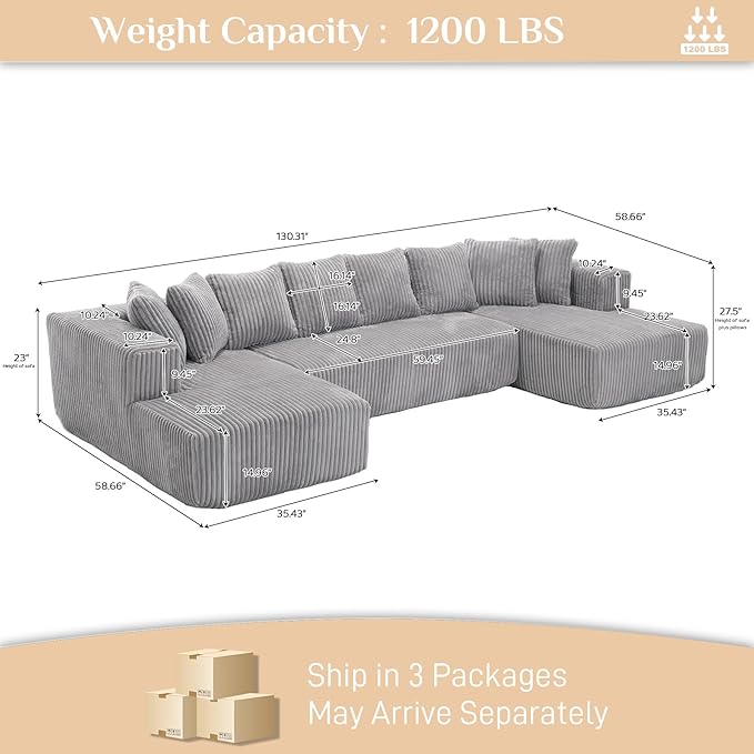 131" Modular Corduroy Sectional Couch, Luxury Couches for Living Room