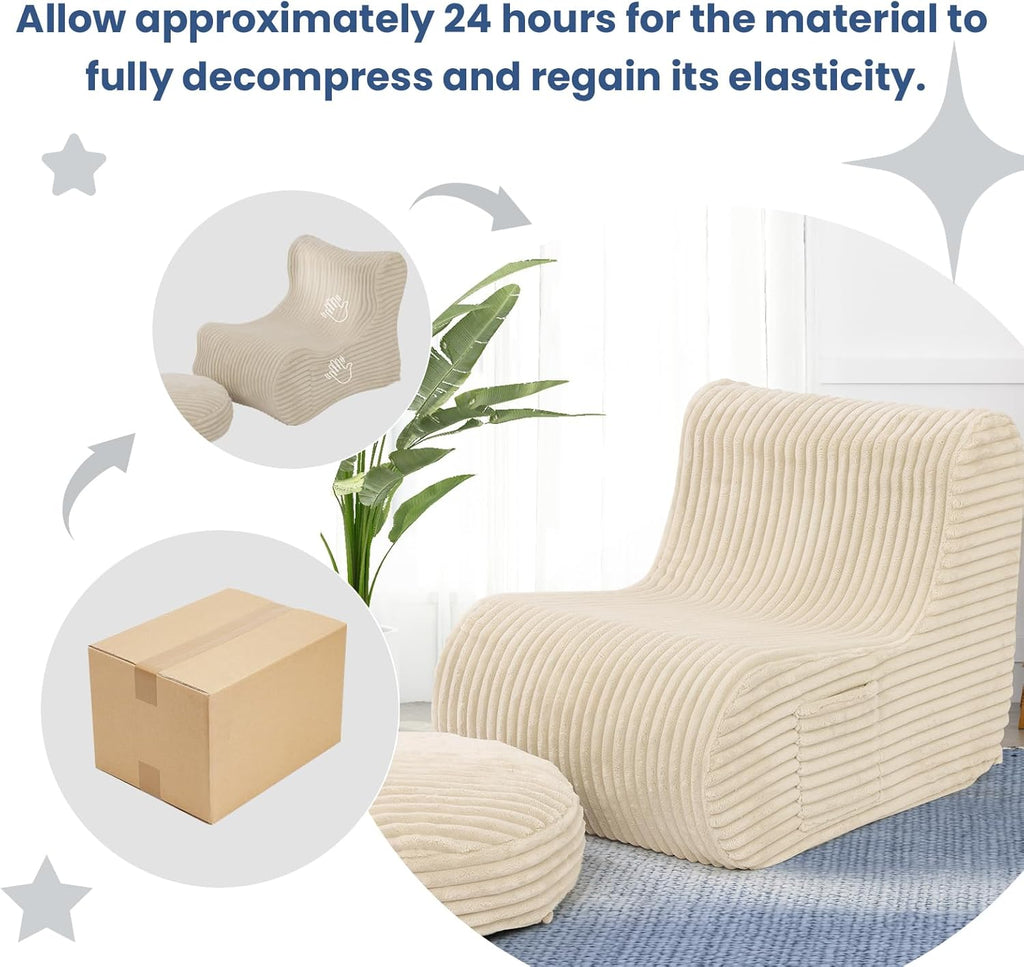 Beige Soft Bean Bag Couch for Adults with Ottoman,, High-Resilient Foam  Lazy Sofa