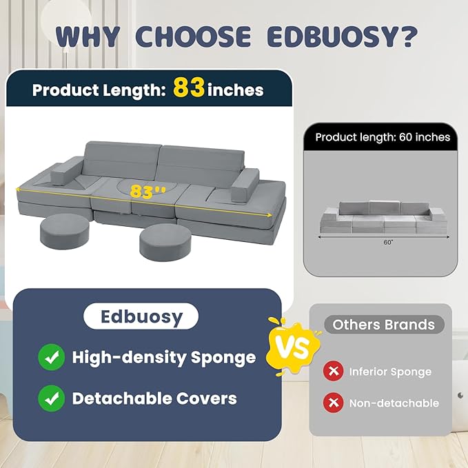 【K01】Grey 22Pcs Modular Kids Play Couch-Inspiring Child Creativity,Children Convertible Foam Sofa