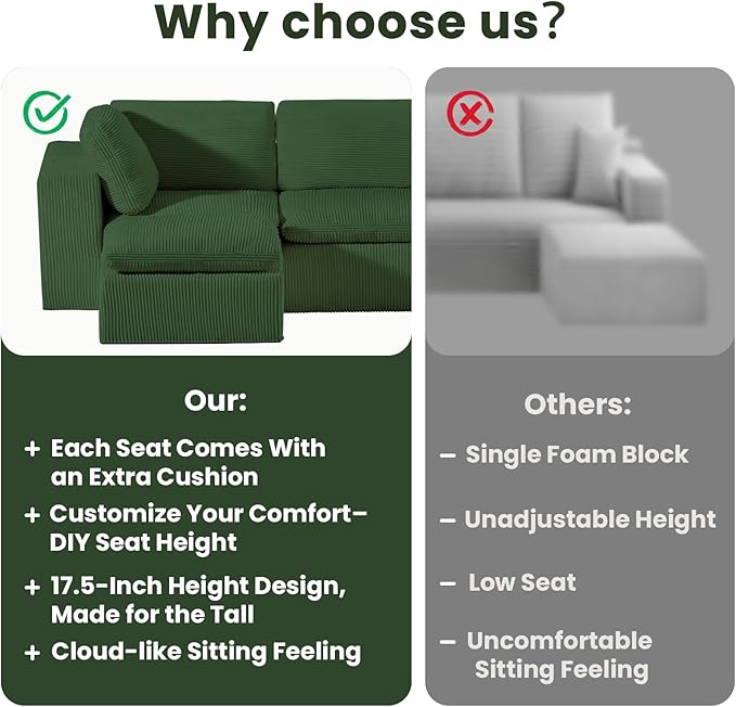 #A01 Green L-Shaped Couch Modular Sectional Sofa,3 Seat Comfy Cloud Couch Chaise, with Sponge Cushion