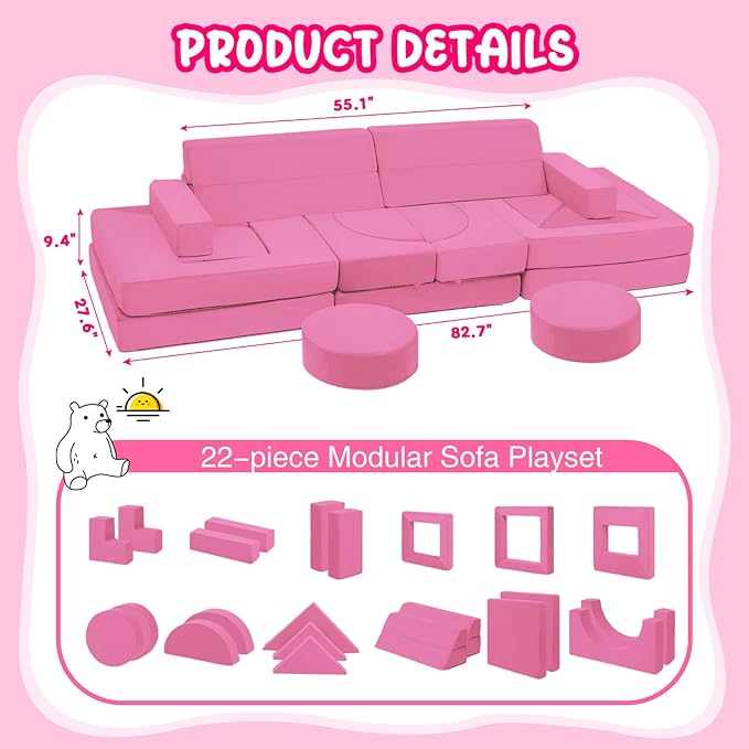 【K01】Light Purple Pink 22Pcs Modular Kids Play Couch-Inspiring Child Creativity,Children Convertible Foam Sofa