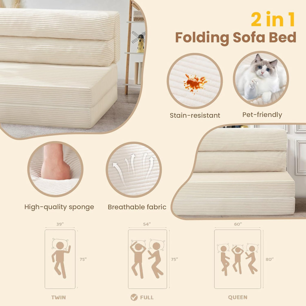 Beige Folding Sleeper Sofa Matress with Pilow Foldable,2 in 1 Pull Out Loveseat Sofa Portable Chair Bed