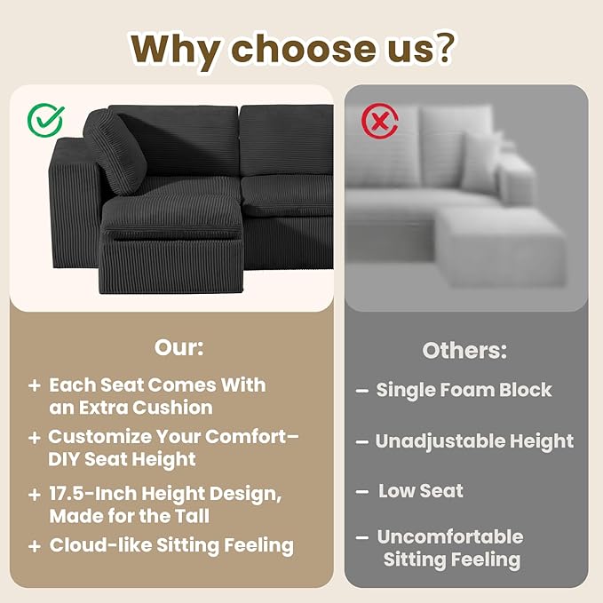 #A01 Black Cloud Modular Sectional Couches  L-Shaped Sofa with Ottoman,Corduroy Sleeper Sofa Bed,No Assembly Compression Memory Foam Couch