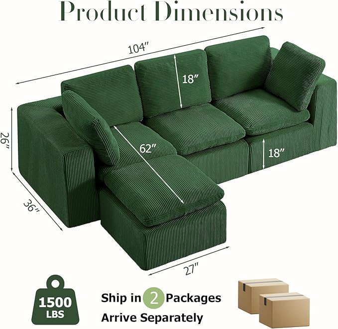 #A01 Green L-Shaped Couch Modular Sectional Sofa,3 Seat Comfy Cloud Couch Chaise, with Sponge Cushion