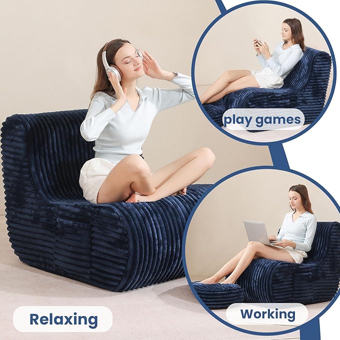 Navy Blue Soft Bean Bag Couch for Adults with Ottoman,, High-Resilient Foam  Lazy Sofa