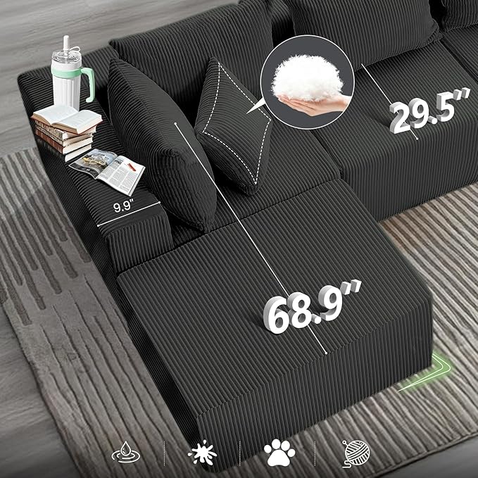 #A02 (Black)104" Cloud Sectional Couch with L-Shape Chaise,4 Seat Couches for Living Room Bedroom