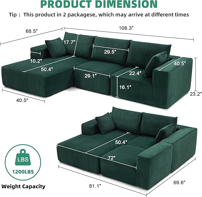 108” Modular Sectional Sofa,Cloud Sectional Couch Modern Modular L-Shape Sofa Couch