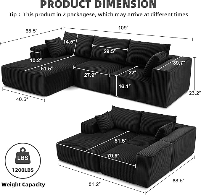 108” Modular Sectional Sofa,Cloud Sectional Couch Modern Modular L-Shape Sofa Couch