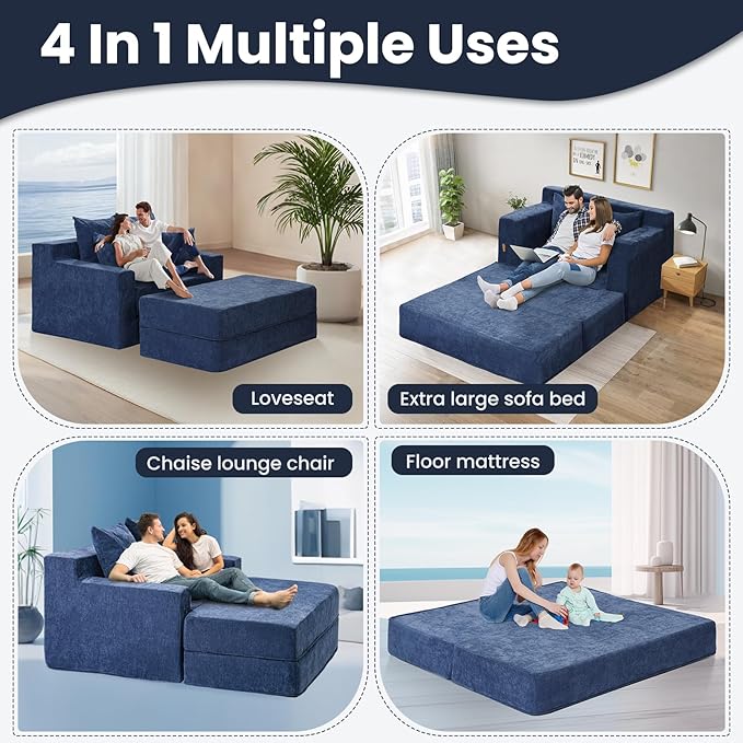 Blue 78” Oversized Corduroy Sofa Bed with Throw Pillows,Comfy Boneless Couch with Removable Ottoman