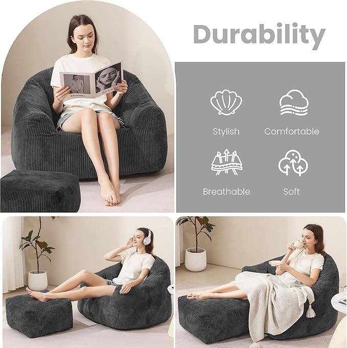 Grey Shell Lazy Sofa with Footstool,Comfortable Plush Adult Reading Chair