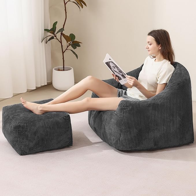 Grey Shell Lazy Sofa with Footstool,Comfortable Plush Adult Reading Chair