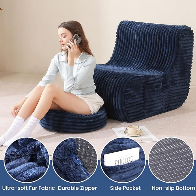 Navy Blue Soft Bean Bag Couch for Adults with Ottoman,, High-Resilient Foam  Lazy Sofa