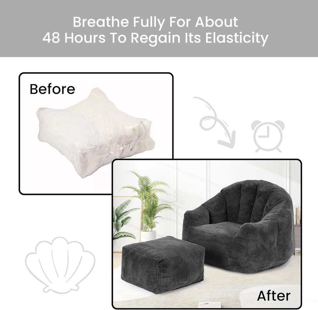 Grey Shell Lazy Sofa with Footstool,Comfortable Plush Adult Reading Chair