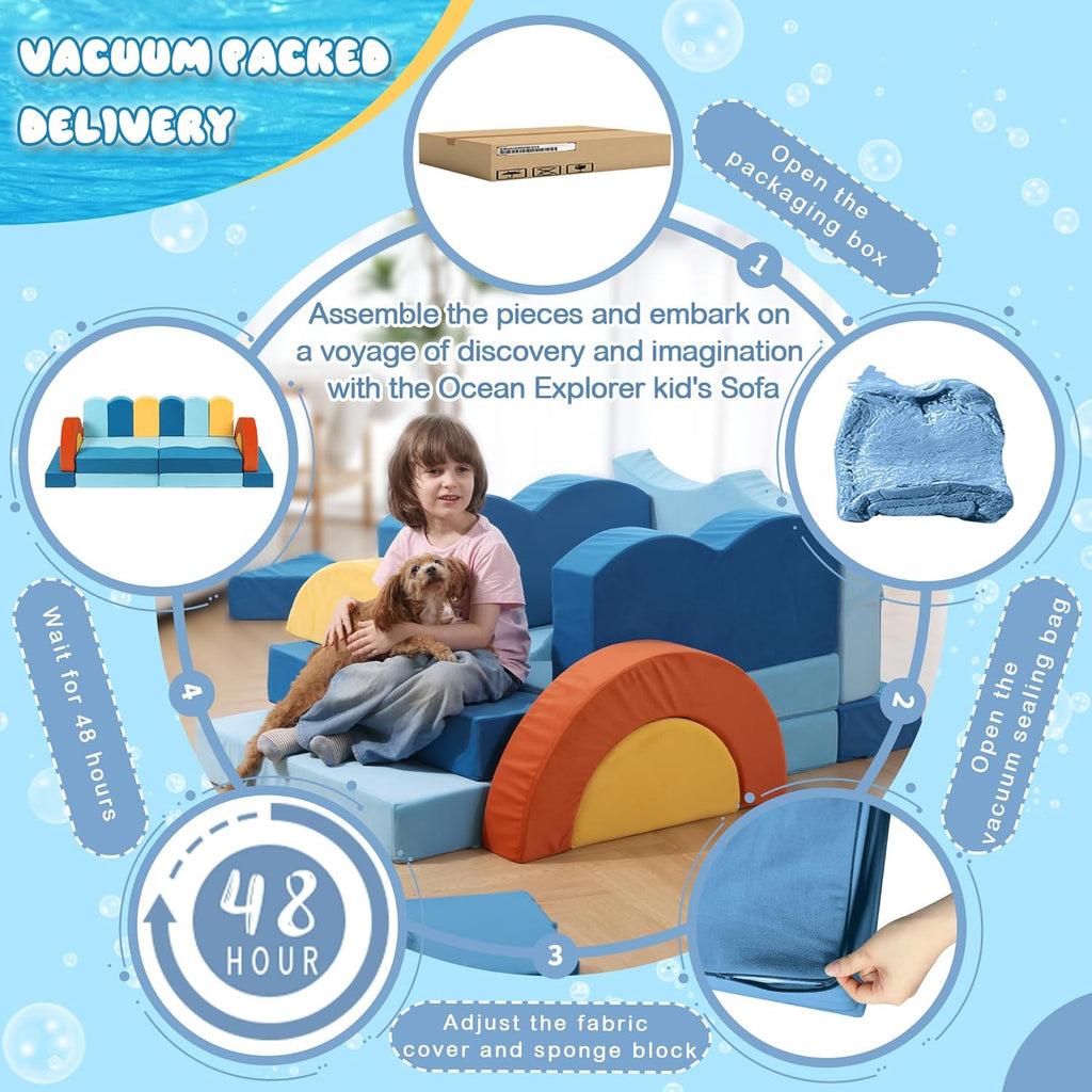 【K02】22Pcs Modular Kids Play Couch-Ocean Theme Modular Sofa for Inspiring Creativity