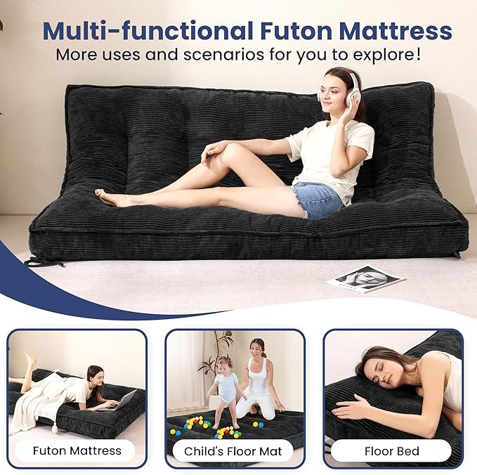 Black Futon Mattress Full Size, Extra Thick Sofa Bed Adults Foldable Mattress 8"