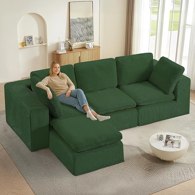 #A01 Green L-Shaped Couch Modular Sectional Sofa,3 Seat Comfy Cloud Couch Chaise, with Sponge Cushion