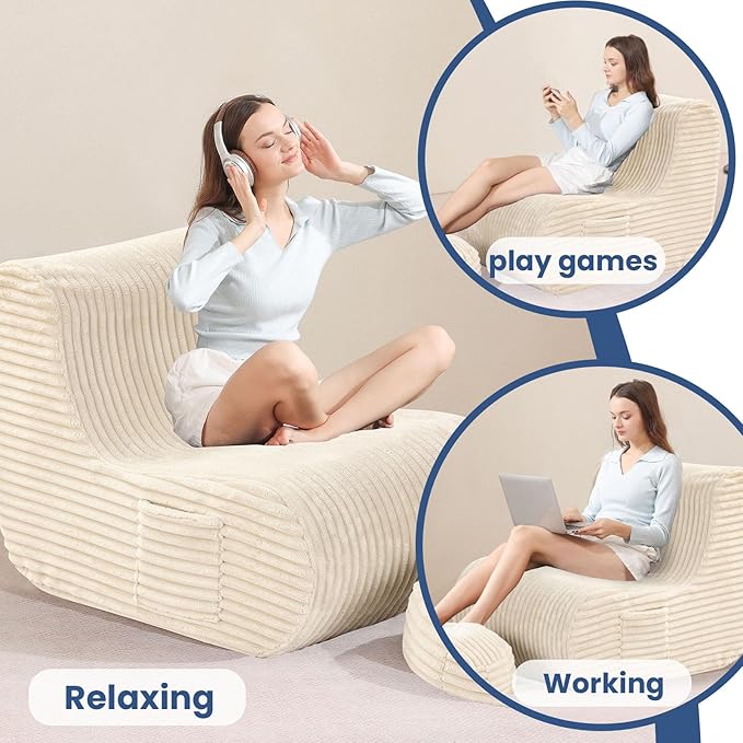 Beige Soft Bean Bag Couch for Adults with Ottoman,, High-Resilient Foam  Lazy Sofa
