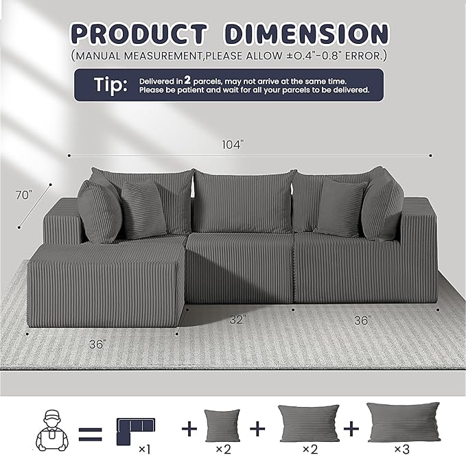 #A02 (Grey)104" Cloud Sectional Couch with L-Shape Chaise,4 Seat Couches for Living Room Bedroom