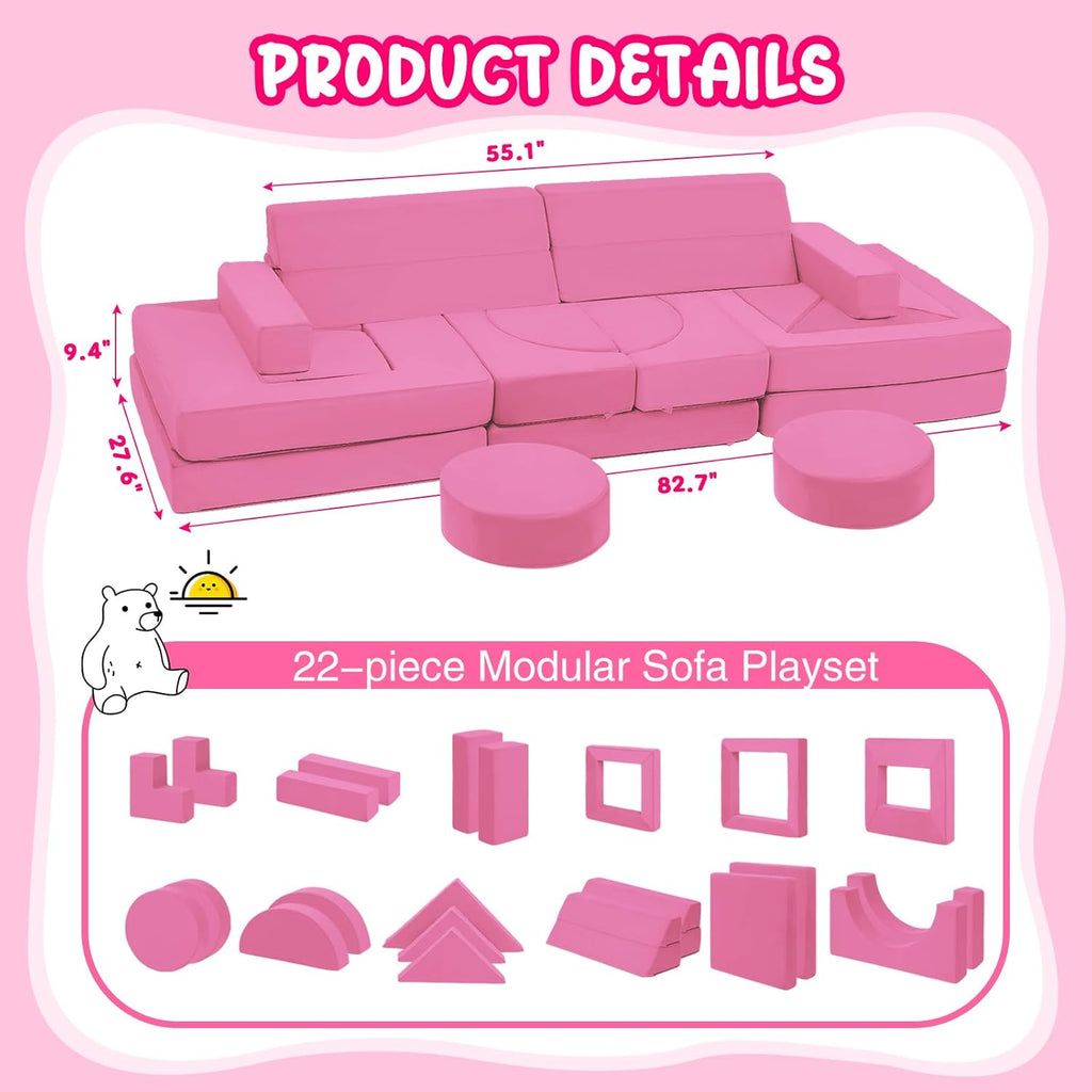 22Pcs Modular Kids Play Coach - Kids Couch for Playroom Bedroom Living Rooms Toddler Sofa for Inspiring Child Creativity，Children Convertible Foam Sofa