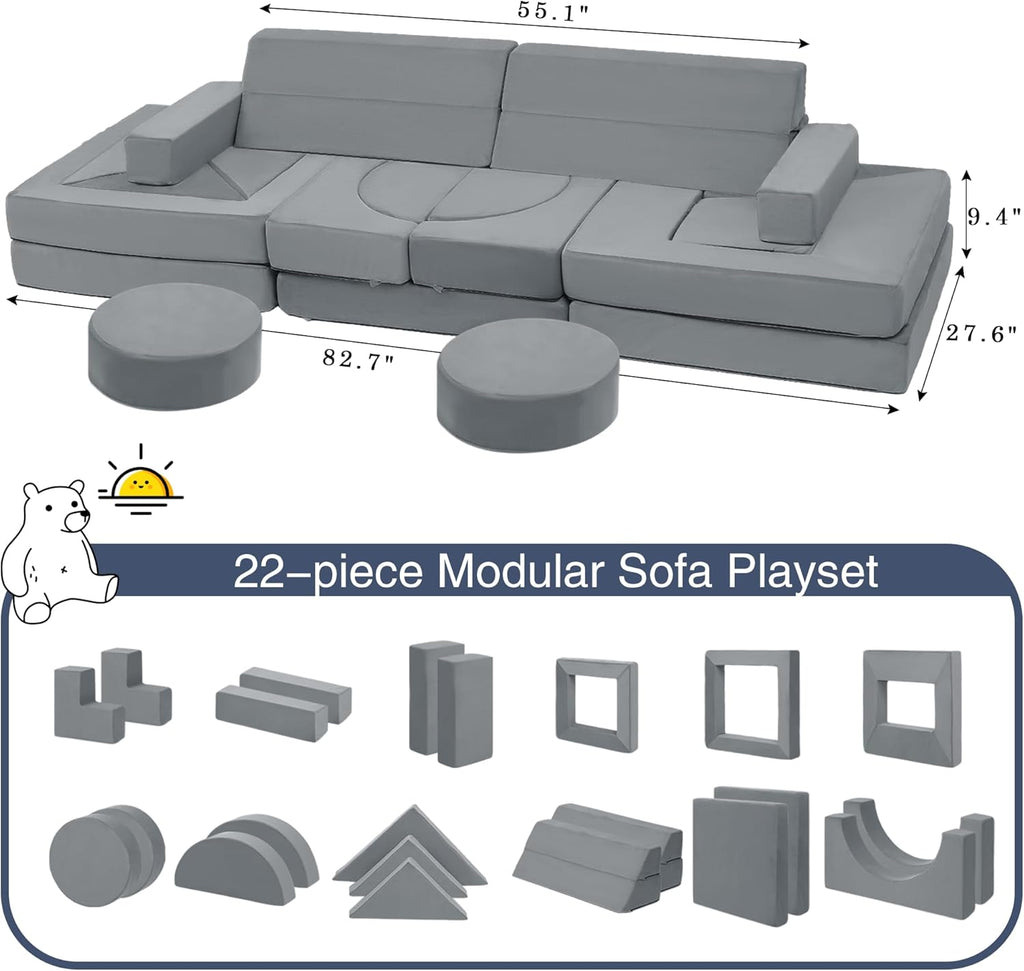 22Pcs Modular Kids Play Coach - Kids Couch for Playroom Bedroom Living Rooms Toddler Sofa for Inspiring Child Creativity，Children Convertible Foam Sofa