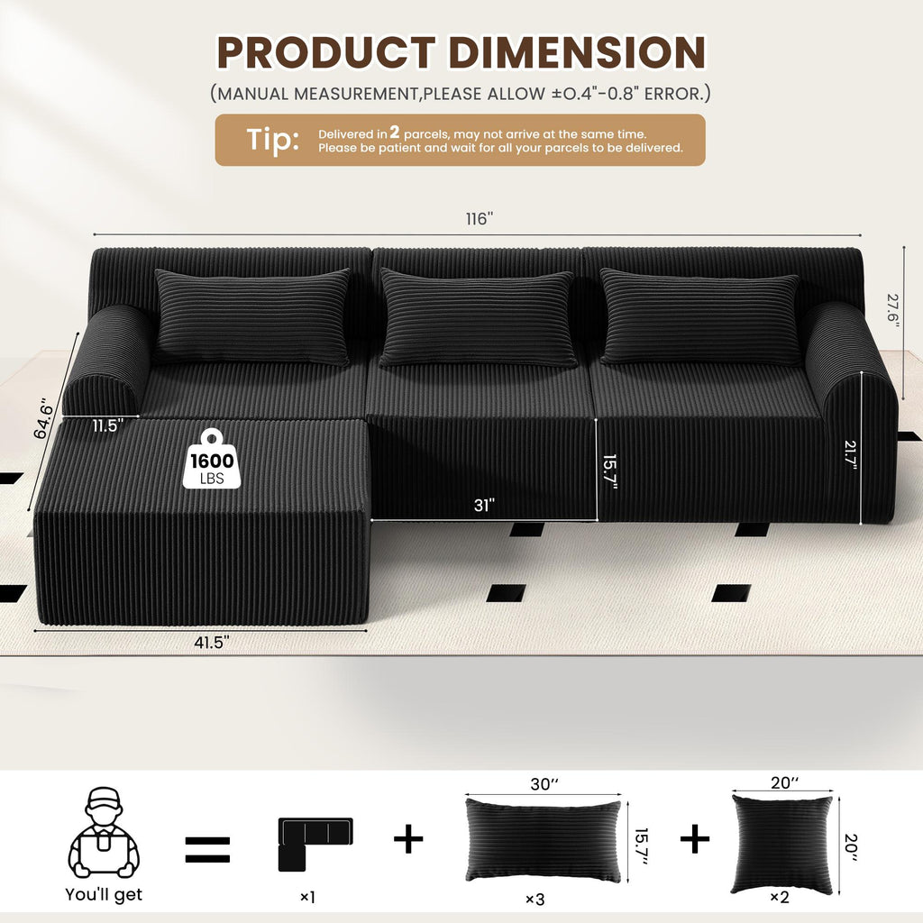 A04 Winzoo 116” Modular Sectional Cloud Couches with L Shaped Chaise