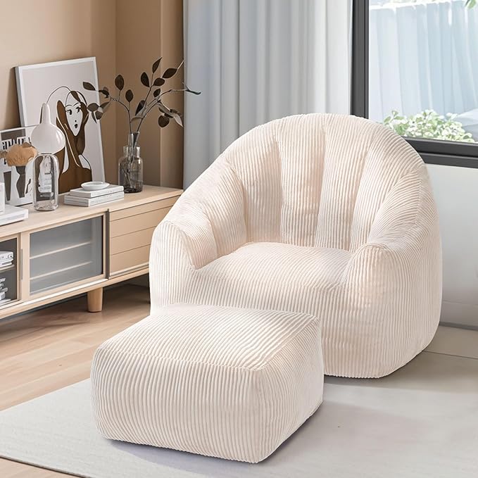 Beige Shell Lazy Sofa with Footstool,Comfortable Plush Adult Reading Chair