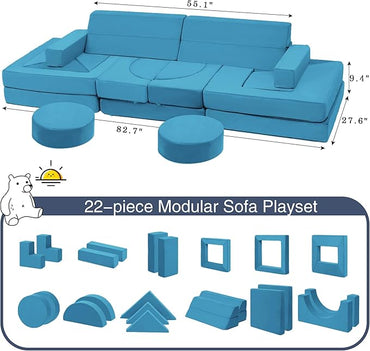 【K01】Baby Blue 22Pcs Modular Kids Play Couch-Inspiring Child Creativity,Children Convertible Foam Sofa