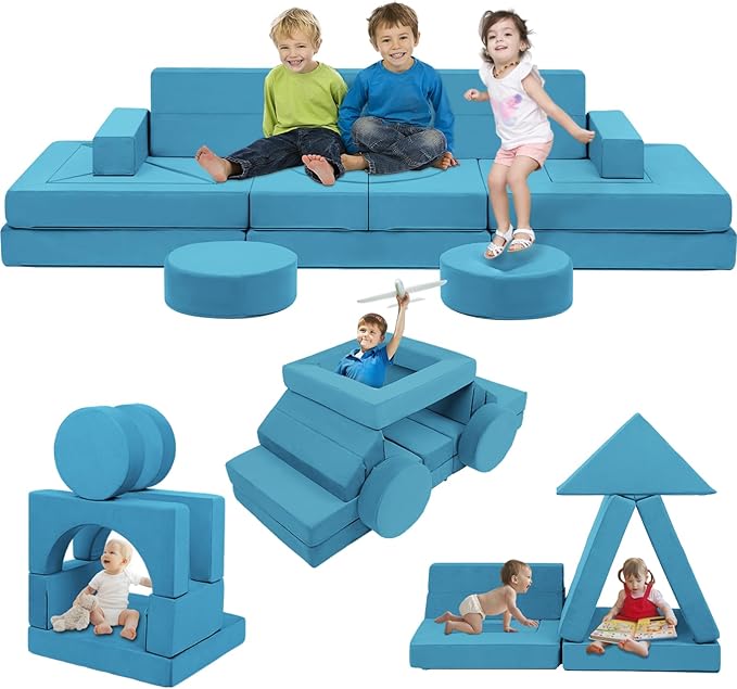 【K01】Baby Blue 22Pcs Modular Kids Play Couch-Inspiring Child Creativity,Children Convertible Foam Sofa