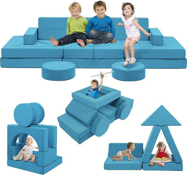 【K01】Baby Blue 22Pcs Modular Kids Play Couch-Inspiring Child Creativity,Children Convertible Foam Sofa